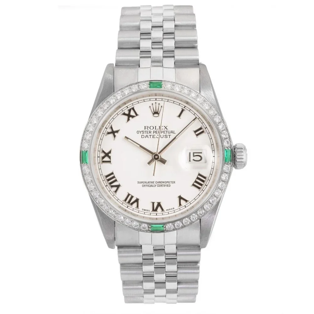 ROLEX DATEJUST WHITE ROMAN NUMERAL DIAL DIAMOND-EMERALD JUBILEE WATCH 36MM 16014 - Picture 2 of 6